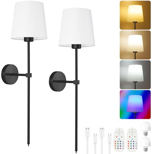 HOTUT Applique Murale, 2 pièces Lampe Murale Sans Fil avec Abat Jour en Tissu Blanc, USB Rechargeable, RGB Appliques Murales avec télécommande Pour Chambre Couloir, alle la Décoration(Noir)