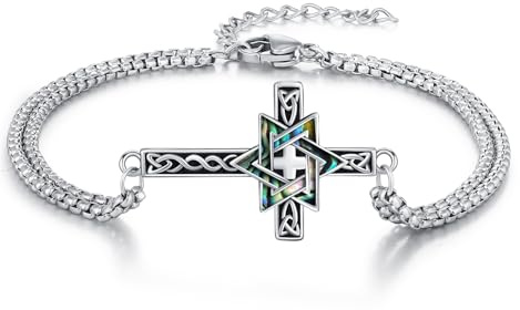 OHAYOO Davidstjärna kors armband 925 sterlingsilver Davidsstjärna religiös amulett armband viking kors nordiskt smycke presenter för kvinnor män, Mittelgroße, Sterlingsilver, Abalone