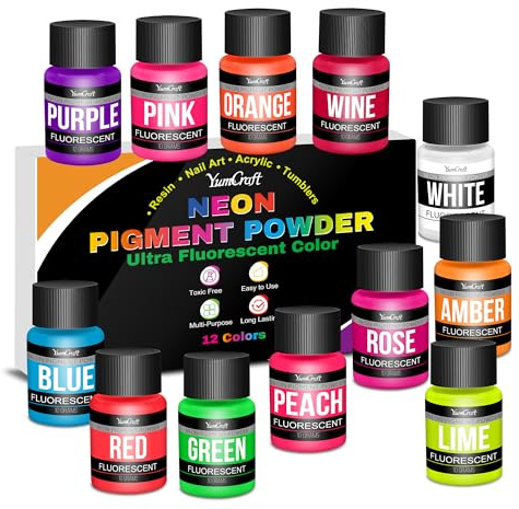 Neon Pigment Powder 12 Colours, Fluorescent Mica Powder Neon Resin Dye, for Epoxy Resin 3D Nail Art Slime Candle Soap Making Painting Jewelry Eyeshadow Halloween DIY Crafts Neons Color Pigment