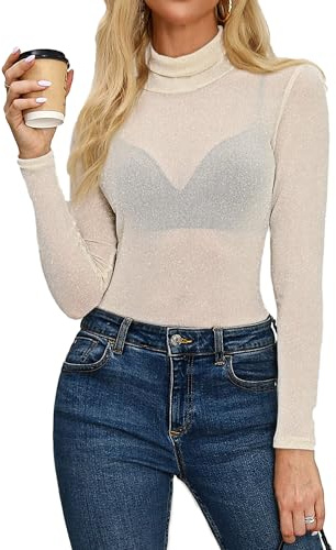 Mujer Tops de Malla Transparente con Purpurina Camiseta Transparente de Manga Larga Sexy Tops