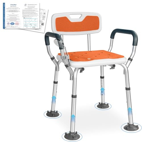 OUUTMEE Duschstol med armstöd och avtagbart ryggstöd, halkfri, höj- och sänkbar duschpall med 6 positioner, duschsitsbadstolar för seniorer, orange
