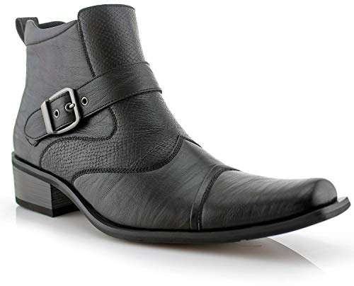 Ferro Aldo Alejandro Men's Mid-Top Western Dress Boot | Snipe Toe Ankle Boot with Buckle Strap, Side Zipper & Snake Texture | MFA606326 | in Black, Size 9.5
