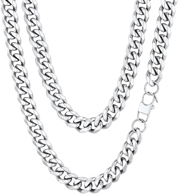Chainshouse Catena da uomo in acciaio inossidabile, collana grande a maglia cubana per bambino, ragazzo, gourmette massiccia girocollo punk [argento/nero/piatto oro-larghezza: 3/6/9/12 mm; lunghezza: