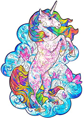 UNIDRAGON Original Wooden Jigsaw Puzzle - Inspiring Unicorn, 103 pcs, Small 7x9.5, Unique Animal Shaped Puzzle Box, Birthday Gift Idea for Kids, Adults, Girls, Boys, Family Game and Hobby