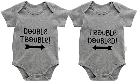 AOUYOA Baby Twins Bodysuits Double Trouble Newborn Baby Girl Outfit Infant Boy Clothes Unisex Romper Jumpsuit With Hat Set(grey hat DT hat 6m)
