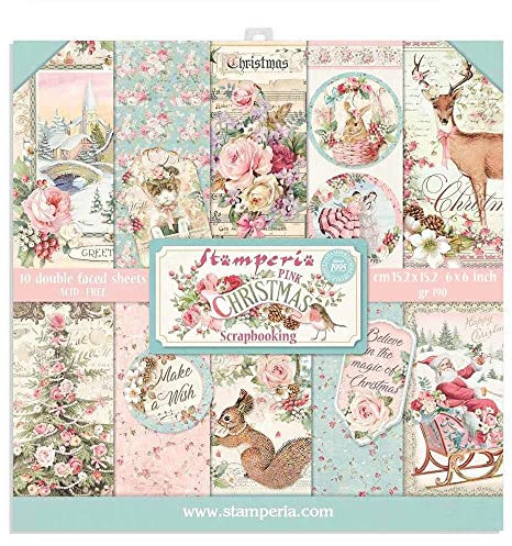 Stamperia - Designpapier Weihnachten für Scrapbooks, Alben, Bullet Journals und Mehr (Pink Christmas - Papier Block Pad) (15,24 x 15,27 cm)