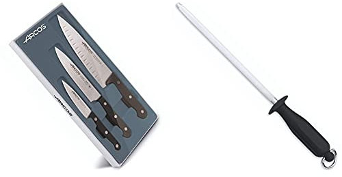 Arcos Serie Universal, Juego De Cuchillos De Cocina De 3 Piezas, 3 Cuchillos Cocineros + Serie Chairas, Chaira Afilador Manual De Cuchillos