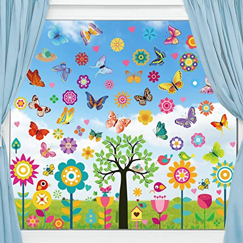 FullJoyHut 148 Pcs Spring Summer Window Stickers Clings Flower Butterfly Tree Window Door Stickers Decals Anti-Collision Stickers for Home Spring Decoration Summer Easter Decoration