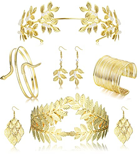Kakonia Grecian Goddess Costume Accessories Set for Women Golden Laurel Leaf Crown Headband Snake Upper Arm Cuff Coil Bracelet Leaf Dangle Earrings Bridal Wedding Toga Costume Jewellery