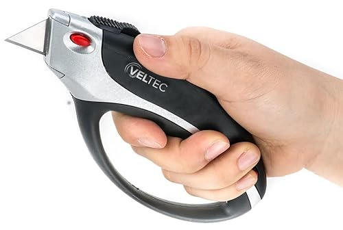 Veltec Heavy Duty Retractable Utility Knife, Box Cutter, Carpet Cutter with 3-Position Locking, Ergonomic Non-Slip Grip, 5 Reversible Replacements Blades SK5 (Black)
