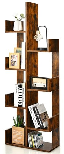 HOMASIS Bücherregal in Baumform, Standregal mit 8 Ebenen, multifunktional Raumteiler Regal mit 8 fächern, Lagerregal Holz, Aufbewahrungsregal für Wohnzimmer Schlafzimmer Büro, 50x25x145cm (Braun)