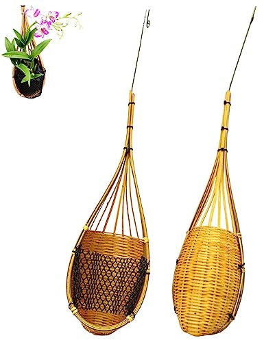 Lot de 2 pots de fleurs à suspendre avec crochet en métal pour orchidée thaïlandaise en bambou tissé multi-usages style nid d'oiseau pour décoration de jardin