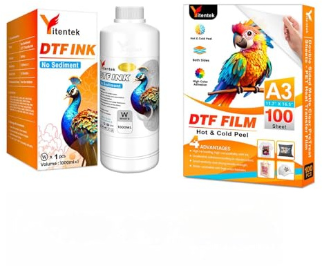 Yitentek DTF Ink & Film Set - 1000ML No Sediment White DTF Transfer Ink for PET Film DTF Transfer Film A3 (11.7 x 16.5) 100 Sheets, Double Sided Matte Clear PreTreat Sheets