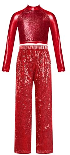 Hedmy Ensemble De Danse Jazz Disco Enfant Fille Paillettes T-Shirt Et Pantalon Tenue Danse Jazz Latine Tango Costume Spectacle Rouge 11-12 Ans