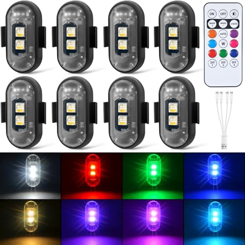Aukmak 8PCS Wireless LED Strobe Lights with Remote Control, 8 Colors Rechargeable Led Lights Anti-Collision LED Emergency Warning Lights for Car Motorcycle Bike Drone Aircraft