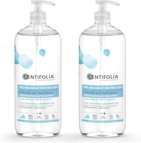 CENTIFOLIA | Gel Moussant Neutre | Nettoie en Douceur | Peaux Sensibles | Dès la Naissance | Visage, Corps & Cheveux | Haute Tolérance | 98% Naturel | Bio & Vegan | Fabrique en France | Lot de 2x1L