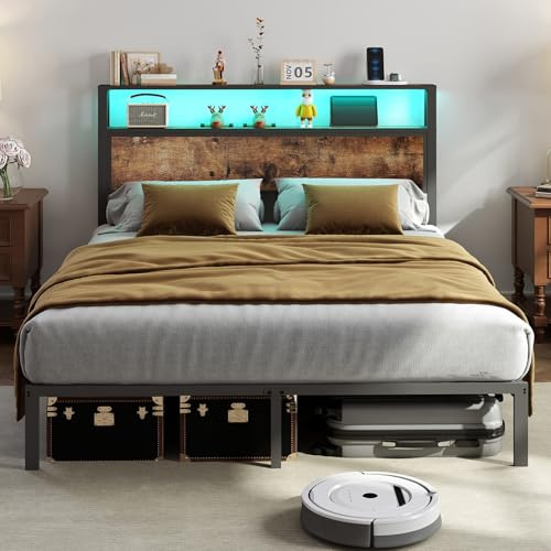 Lit 160 x 200 avec Sommier Métal, Lit 2 Personnes avec Tête de Lit, Éclairage LED et Double Rangement​, Cadre de lit 160x200cm Solide, Assemblage Facile, sans Grincement ​​(sans Prise de Charge)