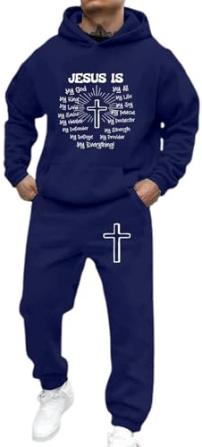 Generico Men's Tracksuit Full Hoodie Men's Clothes with Jesus Cross Print Letter Print Full Fleece Lined Sweatshirt for Sports and Fitness and Gymnastics, blue, XXL