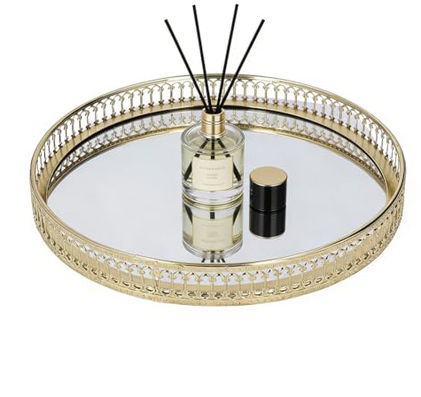 25 Cm Bandeja Redonda con Espejo,Bandeja Decorativa Tocador Adornada Dorada para Joyas de Maquillaje de Perfume, Organizador de Almacenamiento de Exhibición de Baratijas para Dormitorio, Baño