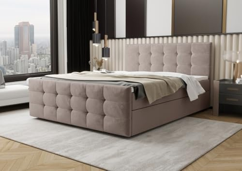B&B HOME Boxspringbett CoriaII mit Bettkasten, 180x200 cm, Beige, Gepolstertes Kopfteil mit Steppung (Beige)