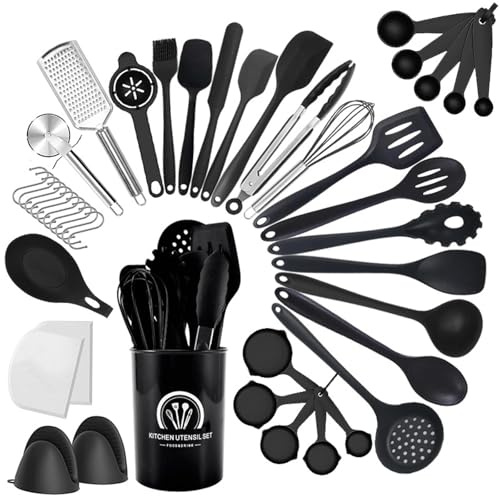 Omtofo Utensili Cucina Silicone, 43 pezzi set di utensili da cucina, senza BPA, resistenti al calore, con porta utensili, Lavabile In Lavastoviglie, Nero