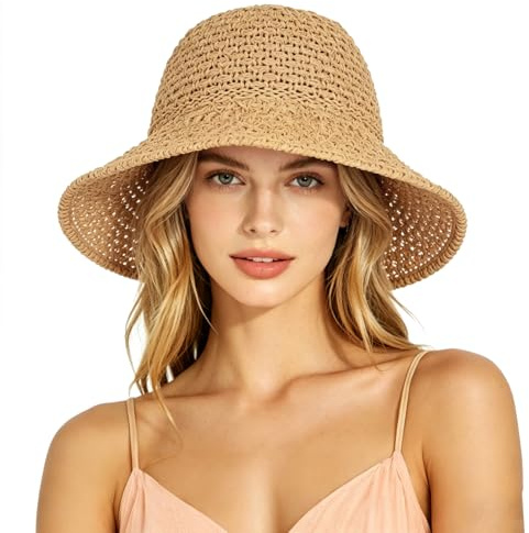 SUKUTU Cappello di paglia da spiaggia per donna, fatto a mano, cappello da sole floscio per vacanze estive, con tesa larga, pieghevole, ideale per i viaggi, cachi, Taglia unica