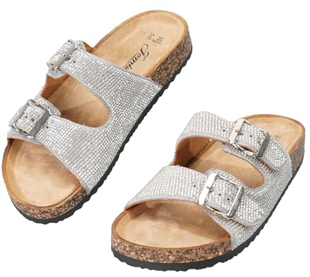 JOMIX Chanclas Mujer con Strass Sandalias de Doble Tira con Hebilla Ajustable y Corcho Suave Zuecos de Verano Calzado Cómodo WCF260234 (Plateado, 37)