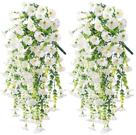 Ipomea Artificiale Pendente 75 cm – 2 Pezzi – Fiori Finti da Esterno Realistici – Pianta Artificiale Cadente per Balcone e Giardino – Decorazione per Matrimonio e Feste Senza Manutenzione (Bianco)