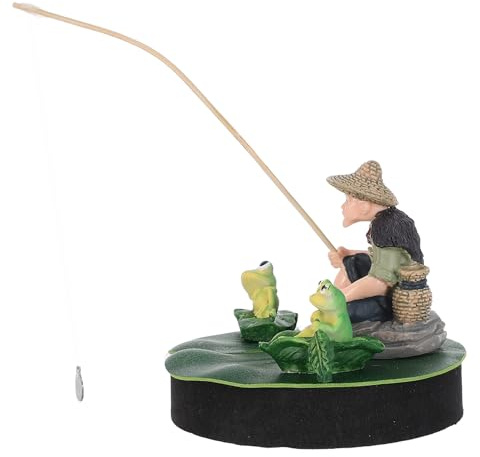 HOOWIFFY Minifiskarstaty: Flytande fiskefigurskulptur med litet fiskespö och grodor för akvariedekor, asiatiskt zenlandskap, älvträdgård, fisktank