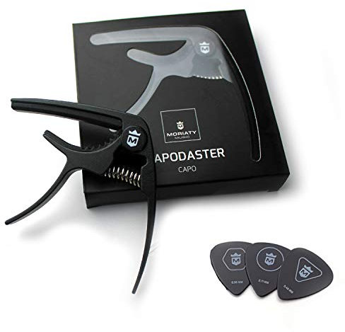 MORIATY® QuickChange Kapodaster für Gitarre + 3 Plektren + Gitarrenschule — Extrem robuster Capo für Westerngitarre, Akustikgitarre, Konzertgitarre, E-Gitarre, Banjo & Ukulele