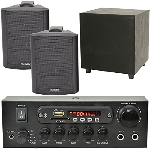 PREMIUM TV Sound System – 2x 90W Black Wall Mounted Speakers | 200W Active Bass Subwoofer | 110W Bluetooth Stereo Amplifier/Amp – Living Room Audio Kit