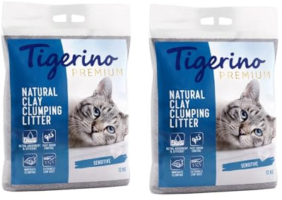 Tigerino Premium Katzenstreu, ergiebige Klumpstreu aus Naturton-Granulat: feinkörnig, schnelle und Starke Klumpenbildung, bindet Gerüche (2x12kg, Sensitive)