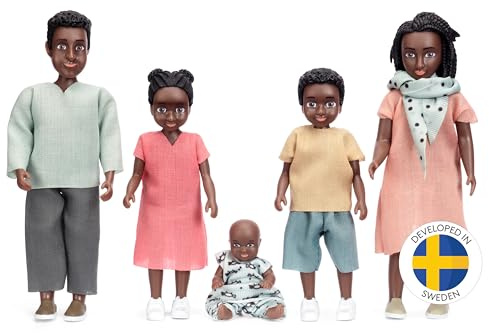 Lundby - Juego de muñecas pequeñas étnicas para casa de muñecas – Billie Familia de 5 – 2 Adultos + 3 niños – Accesorios de casa de muñecas – Mini Juegos de plástico para niños de 3 años + 1:18