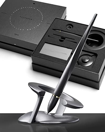 Novium Hoverpen Interstellar Edition – Futuristisk lyxpenna tillverkad med flyg-legeringar, unik estetik, fritt snurrande exklusiv penna, julklappar för män och kvinnor (rymdsvart, inbäddad meteorit)