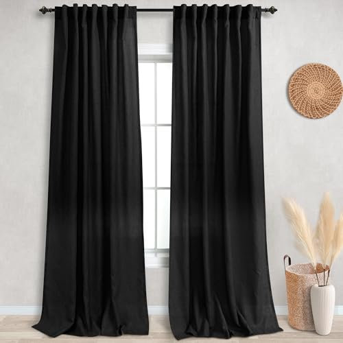 KOUFALL Black Sheer Curtains 108 Inches Long for Sliding Glass Door 2 Panels Set Rod Pocket Back Tab Drapes Linen Total Width 104 Inch Curtains for Living Room Bedroom