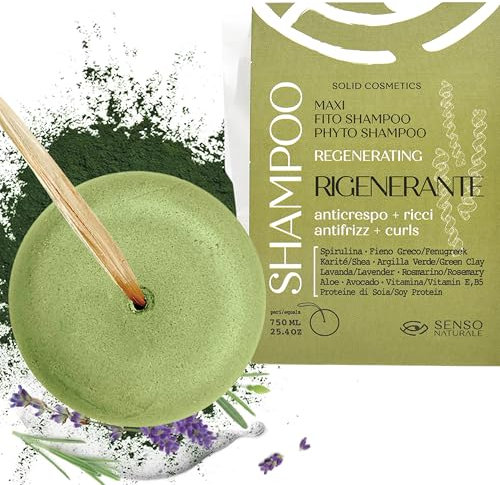 Senso Naturale Festes Shampoo Regenerierendes Anti Frizz für Lockiges Haar, mit Spirulina, Bockshornklee, Grüner Tonerde, 100% Natürlich und Vegan, ph 4,5-5,5