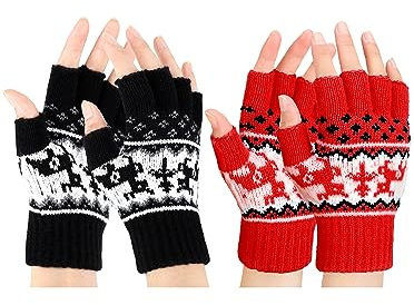 SATINIOR 2 Paar Fingerlose Handschuhe Damen Thermo Fingerlos Fäustlinge Winter Dehnbar Halbfinger Strickhandschuhe (Schwarz, Rot)