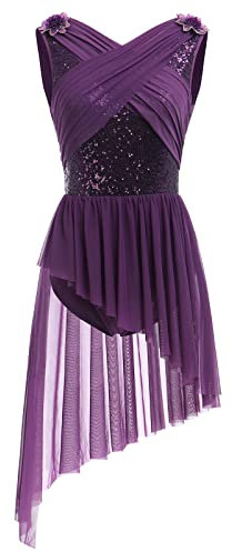 Ballettkleidung Damen Tanzkleid Ärmellos U-Rücken Glitzer Pailletten Blume Ballett Body Ballettanzug Asymmetrischer Tüllkleid Ballettkleid Salsa Ballerina Dancewear Eiskunstlauf Kleid Lila XS