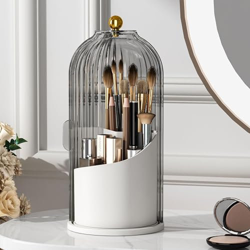 STORICANS Makeup Brush Holder Rotating Organiser with Clear Lid，Sliding Opening Dustproof Makeup Brush Case Make up Organizer Storage for Dressing Table Organiser,Vanity,White Black