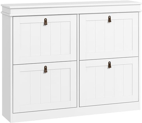 HOMCOM Mueble Zapatero Blanco Zapatero Estrecho con 4 Puertas Abatibles y Estantes Ajustables para 20 Pares de Zapatos Antivuelco para Recibidor Pasillo 105x24x82,5 cm