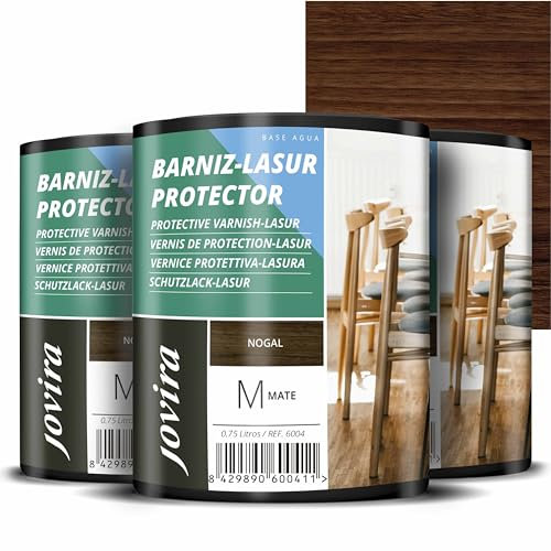 JOVIRA PINTURAS BARNIZ-LASUR Protector Mate al Agua. Protege, decora y embellece todo tipo de madera. (3x750 Mililitros, Nogal)
