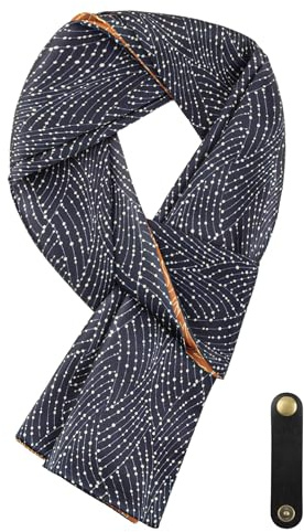 WANYING Écharpe pour homme en soie synthétique avec boucle en cuir multifonction - Longue écharpe - Plusieurs possibilités de port - 16 x 149 cm - Motif imprimé marron orange et bleu foncé