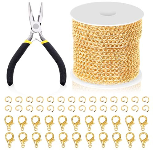 Swpeet Catena a maglia barbazzale, per gioielli fai da te e collane, ca. 9,1 m di lunghezza x 3 mm, con maglie piatte, set da 102 pezzi, con anellini aperti, chiusura a moschettone e pinza per