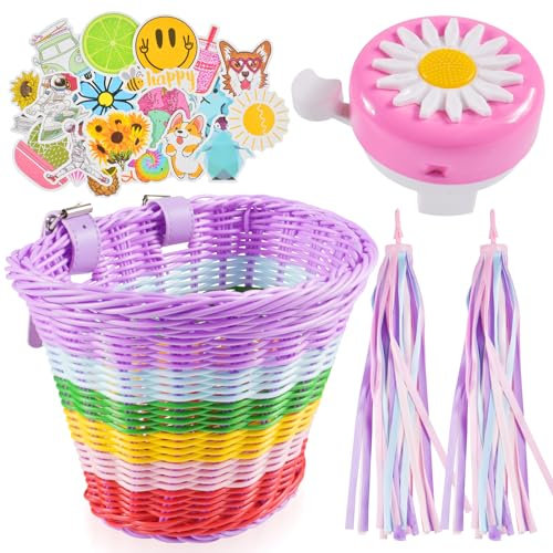 Fahrradkorb Kinder Funmo Rattan Fahrradkorb für Kinder Fahrradkorb Geflochten Abnehmbar Fahrradkorb Kinderfahrrad Lenkerkorb Fahrrad Korb Weidenkorb Vorne mit Aufkleber, Glocken und Luftschlangen