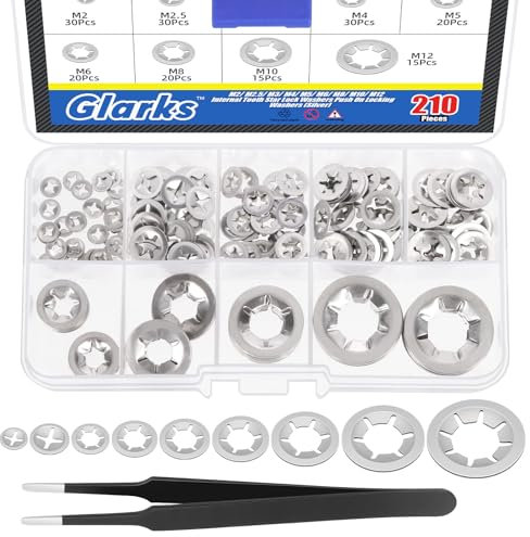 Glarks 210 pièces métrique m2 m2.5 m3 M4 M6 M8 M10 M12 304 inox denture intérieure étoile rondelle de verrouillage Kit combiné bague d'extrapolation rondelle de verrouillage rapide avec 1 pièce pince