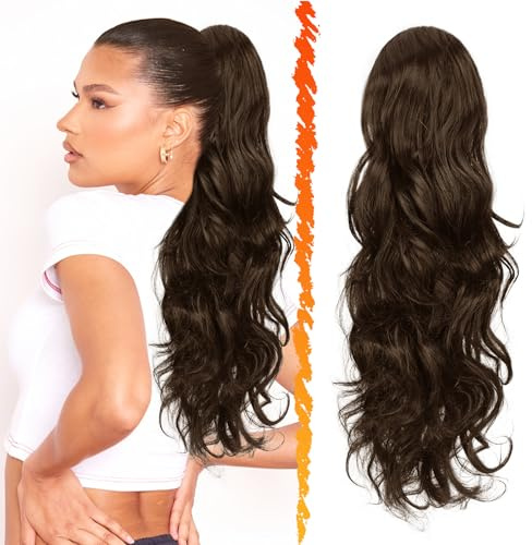 BARSDAR Coda Capelli Extension Marrone con Coulisse, 50cm Ondulati Ricci Coda Cavallo Capelli Extensions Finta per Donne Sintetici Clip in Posticci Coda di Cavallo - Marrone