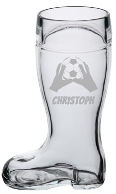 LUXENTU Bierstiefel mit Gravur, Bierglas mit 0,5 Liter Füllstrich, Personalisiertes Glas mit Name & Fußball-Motiv, Geschenk zum Vatertag/Geburtstag, Spülmaschinengeeignet, Torwarthandschuhe