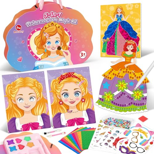Mocoosy Princess Glam Magic Kit, Doll Makeup Craft Book for Kids, Art and Craft Kit for Girls Ages 4-8, DIY Dress Up Sticker, Travel Game On the Go Activity Toys Birthday Gifts for 5 6 7 8 9 Years Old