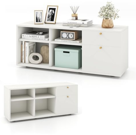 KOMFOTTEU Aufbewahrungsschrank mit 4 halboffenen Würfeln & 2 Schubladen, multifunktionaler Aufbewahrungsschrank mit verstellbaren Füßen, Sideboard aus Holz, 108 x 39 x 50 cm, Weiß