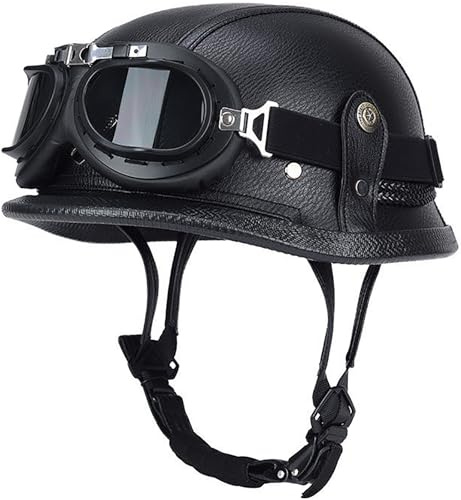 RCGNR Motorcykelhalvhjälm i tysk stil för vuxna män kvinnor, vintage motorcykelhjälmar med halvansikte + glasögon för Cruiser Scooter Chopper, DOT-godkänd,Black 01,L
